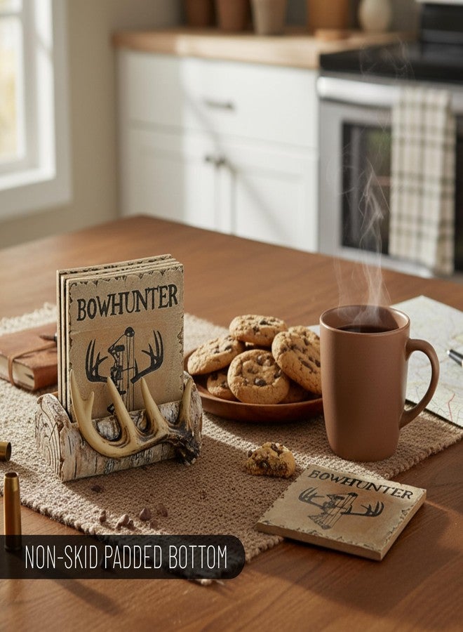 Pine Ridge Home Antler Wood Log Coaster Set with Holder - Bow Hunter Country Absorbent Coaster - Cabin Lodge Home Decor for Hunter Men - Man Cave Coasters Rustic Wood Decor Accent - Image 2